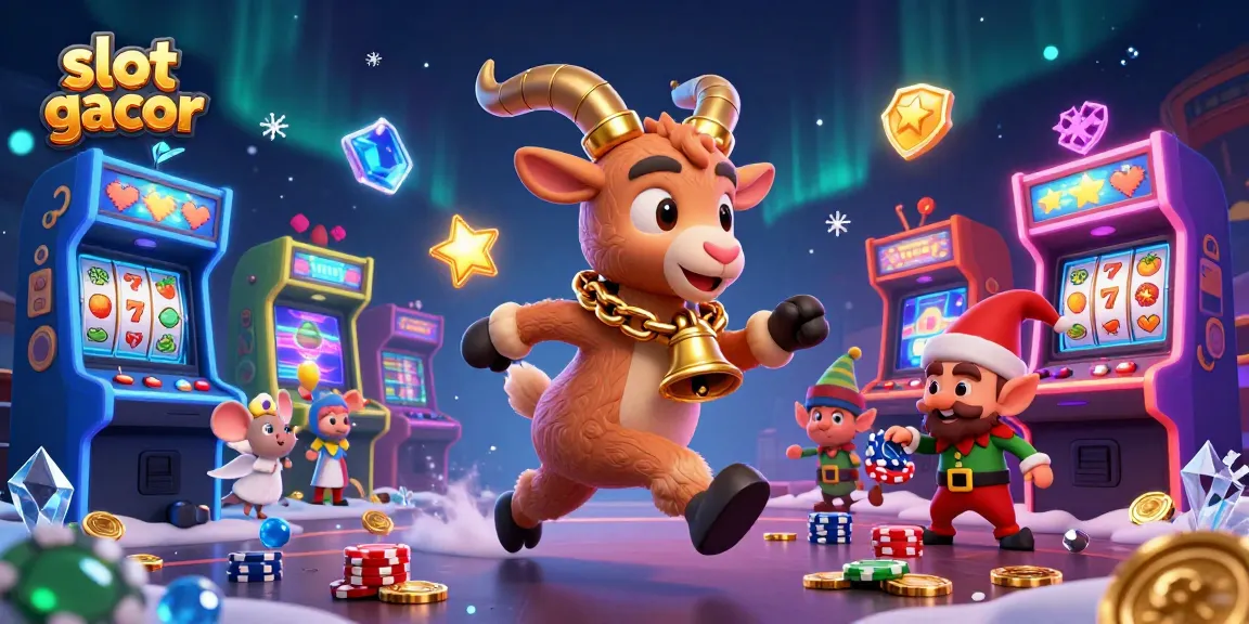 Engage in a lively slot gacor casino scene with Krampus goat, angel mouse, and elf gremlins.