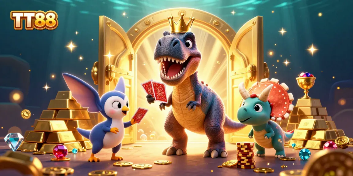 TT88 showcases a friendly T-Rex shuffling cards with gold and gems in a vibrant casino scene.
