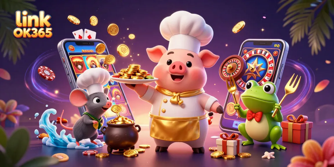 Experience winning with link OK365 and enjoy a vibrant 3D casino-themed illustration packed with excitement.