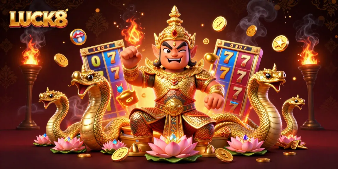 Engage in exciting gameplay with LUCK8 featuring vibrant slot reels and golden guardians.