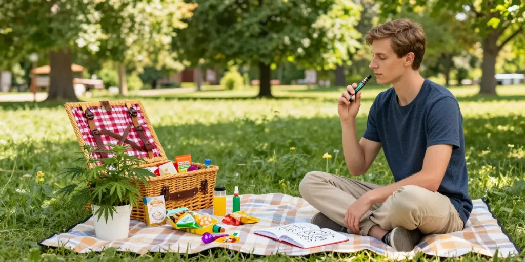 leafy market natural wellness scene with CBD vape pen and organic snacks