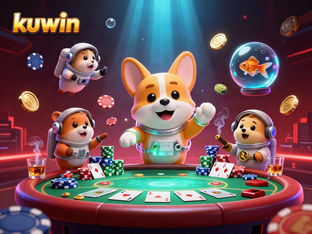 Kuwin offers an exciting poker experience inside an imaginative space casino, highlighting vibrant characters and dynamic gameplay elements.