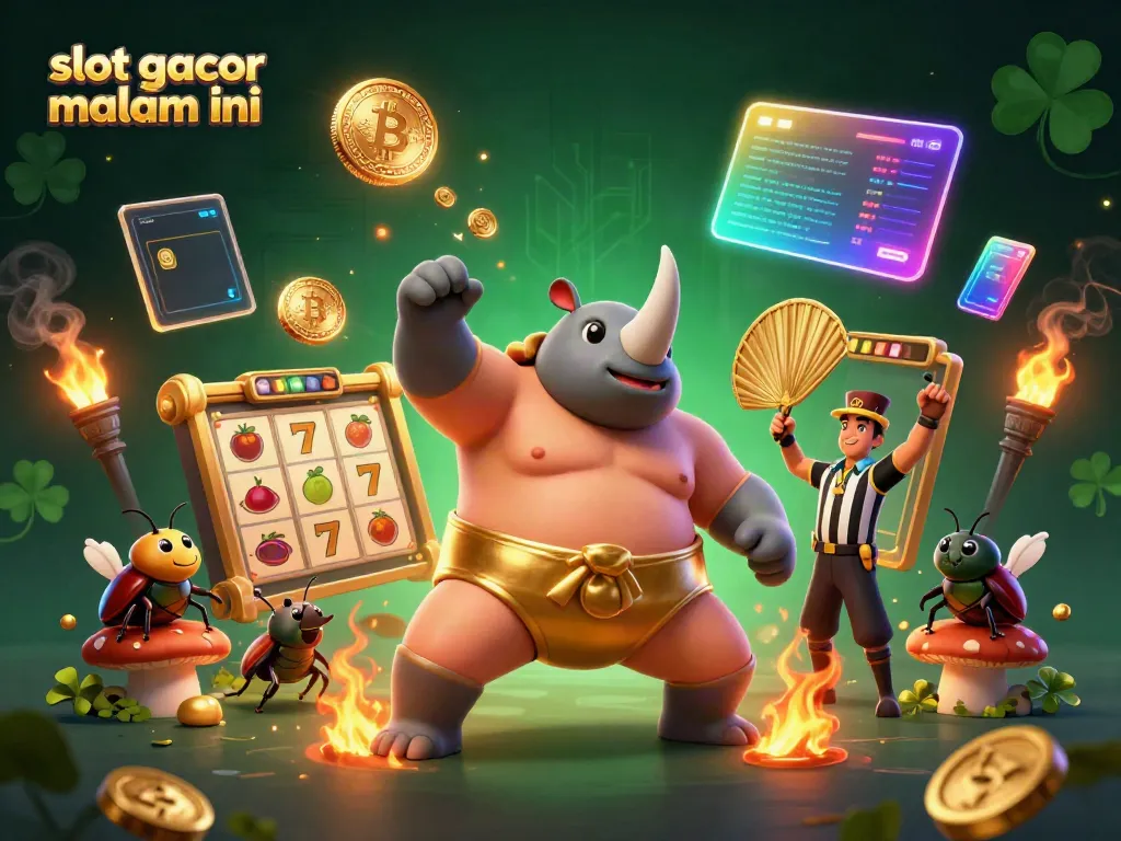 Slot gacor malam ini: Pertarungan seru juara sumo kumbang dengan simbol slot dan koin emas terbang.