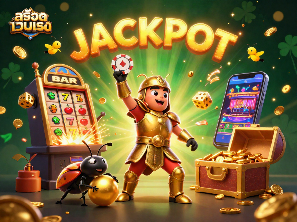 Engage with สล็อตเว็บตรง through an animated scene filled with casino excitement and victory elements.