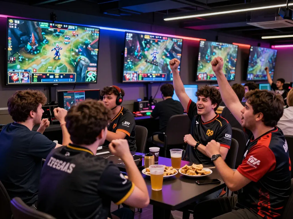 Dota 2 betting fans celebrating during live match, showcasing excitement and engagement.
