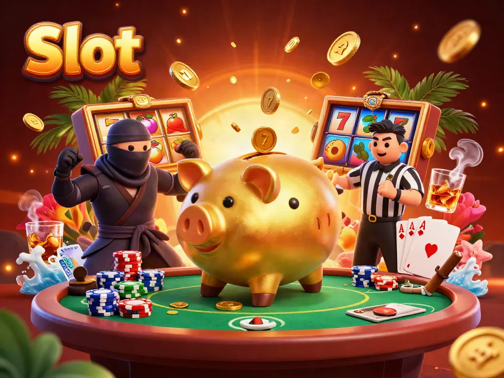 Mesin slot yang mengeluarkan koin emas pada momen bertanding seru antara pegulat dan ninja di kasino