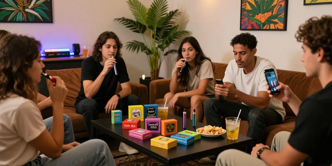 Gesellige Runde mit Freunden, die eine Haschplatte und THC-Vape-Produkte genießen.