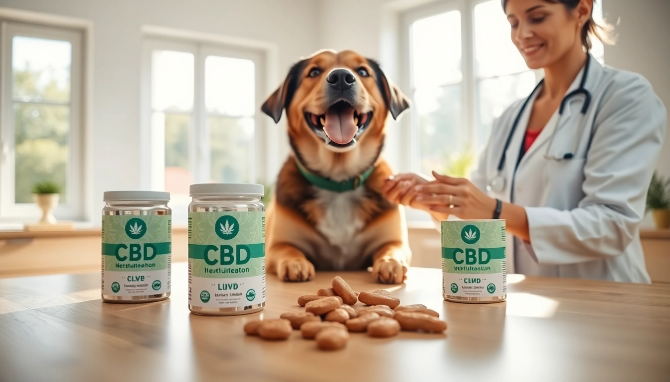 Vet showcasing CBD For Pet products with happy dog in sunny clinic