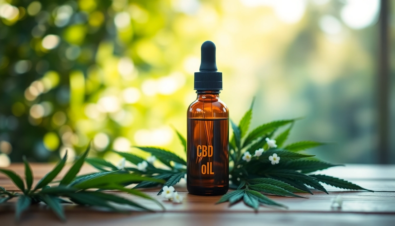Showcasing CBD oil product with fresh hemp leaves and a calming garden backdrop.