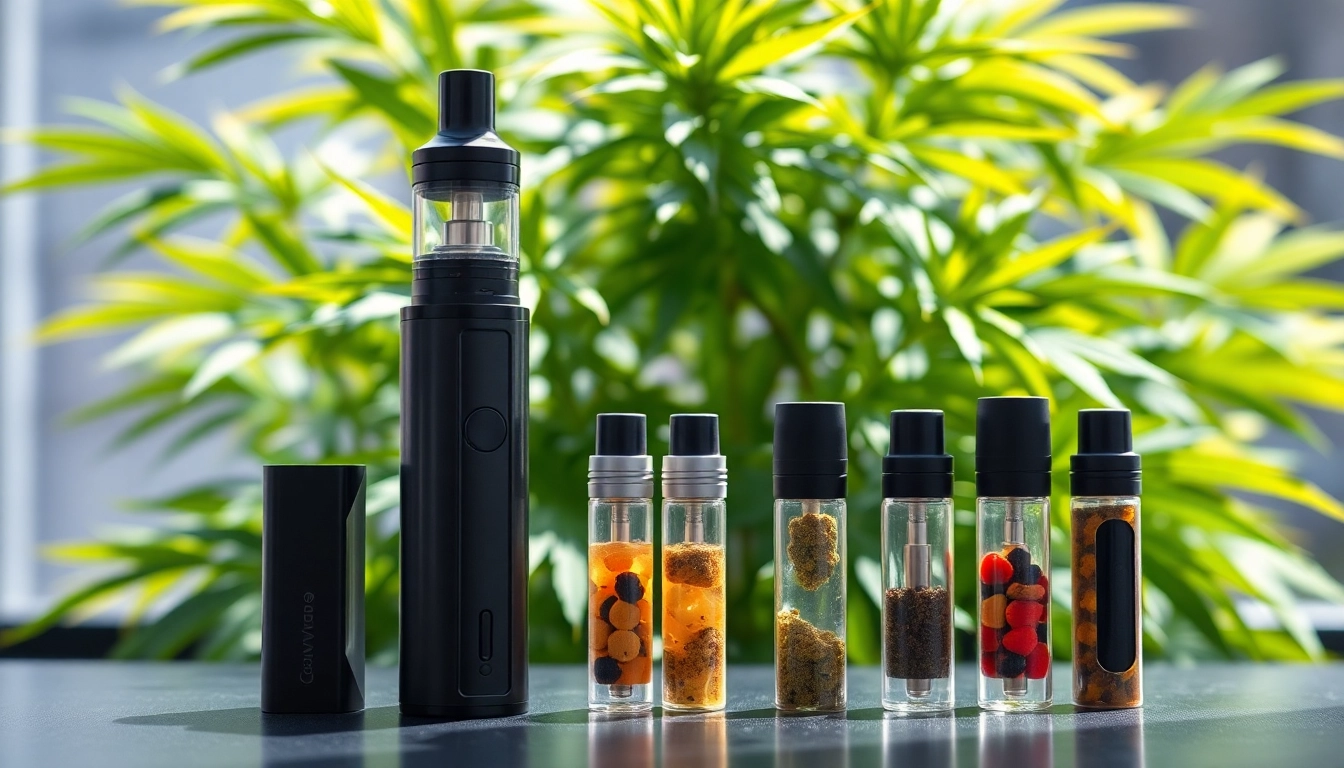 Showcase high-quality Cannabis Vape devices in a vibrant, modern environment.