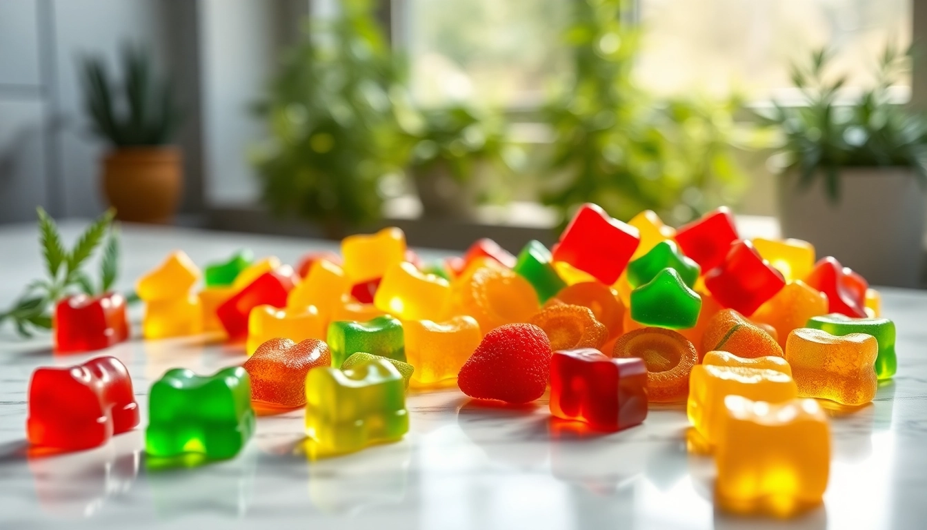 Showcase of colorful Weed Gummies on a marble countertop with a natural herb garden in background.