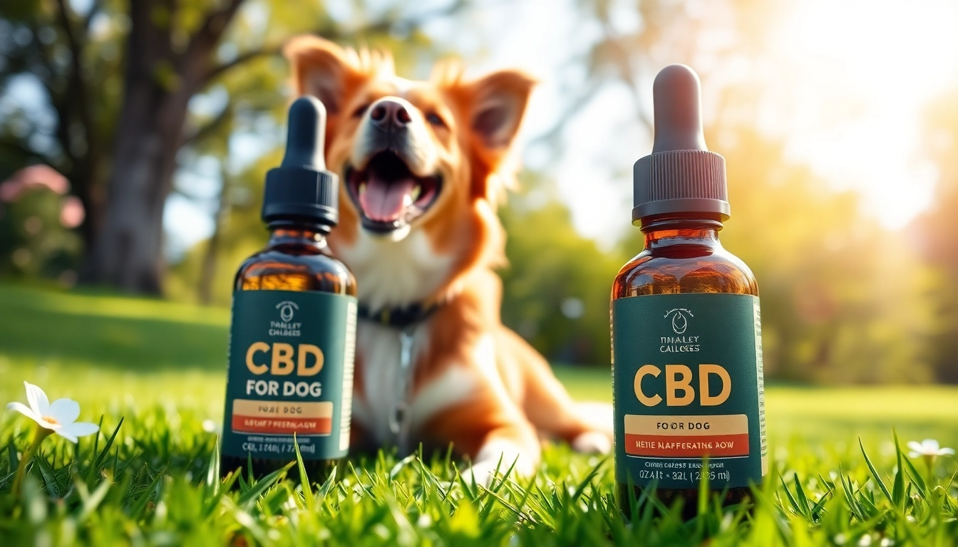 A happy dog with CBD Oil For Dog bottle in a park, showcasing wellness and vitality.