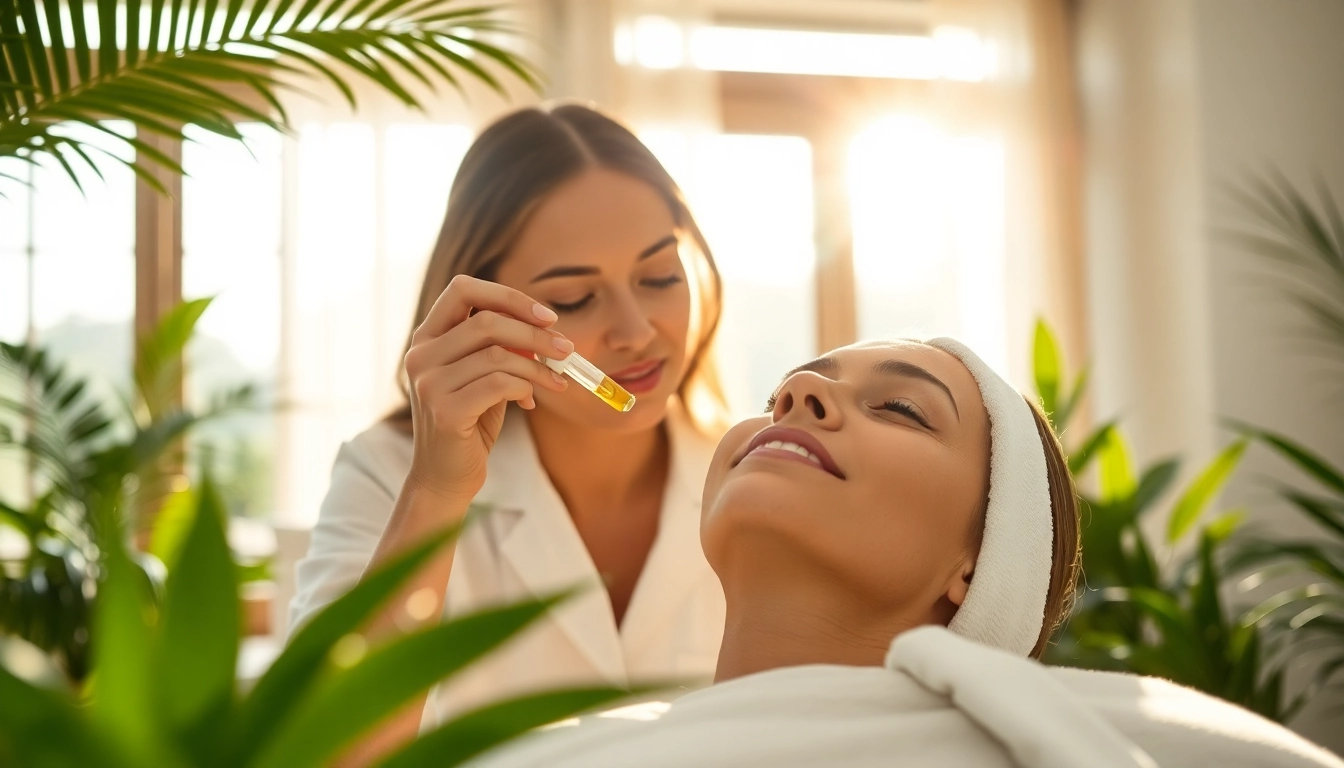 Apply CBD oil for skin in a tranquil spa, emphasizing soothing beauty treatment.