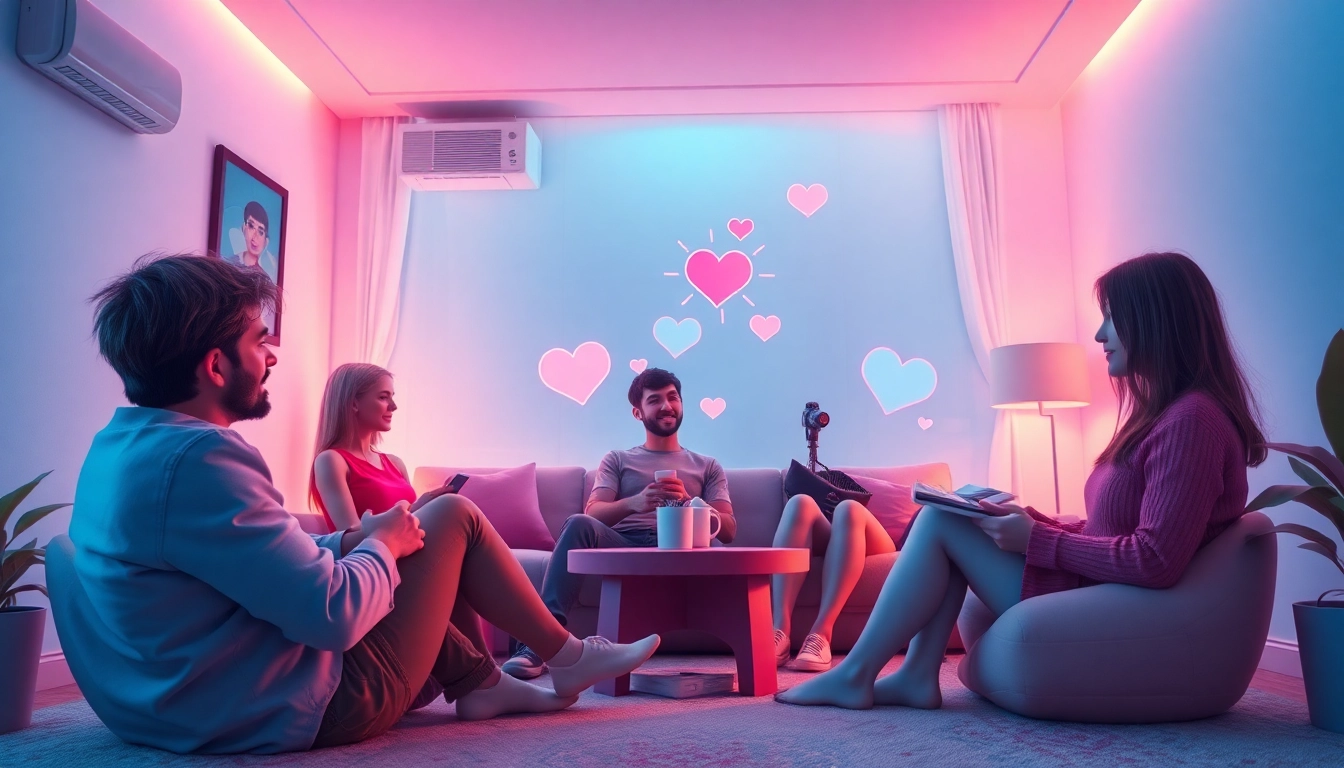 Engaging scene of users in a virtual chat room, exploring ai porn chat with AI characters.