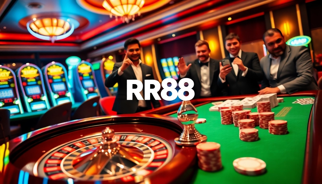 Players engaging at a vibrant RR88 casino table with roulette, cards, and poker chips.