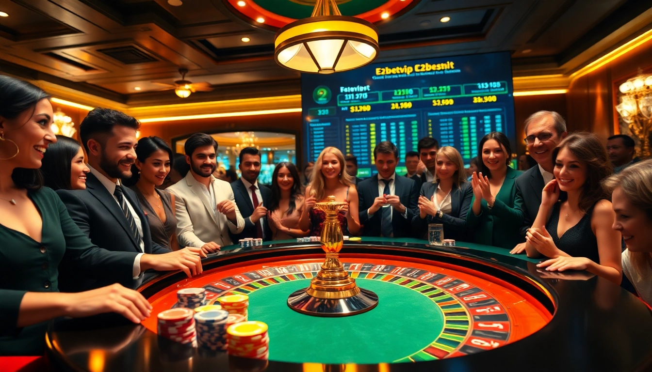 Engage with the excitement of e2betvip at a luxurious casino gaming table with vibrant poker chips and cards.