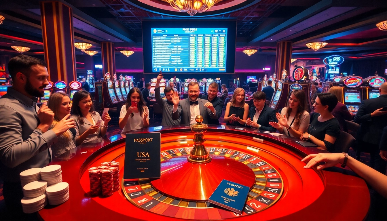 Excited players at a roulette table in a luxurious casino, exploring tourist visa USA from Australia options.