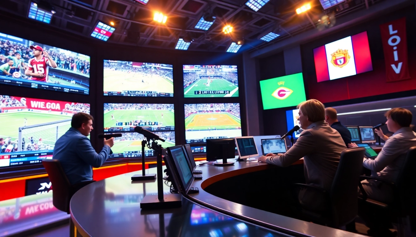 Engaging sports broadcasting studio with announcers and vibrant displays showcasing Sports Broadcasting.
