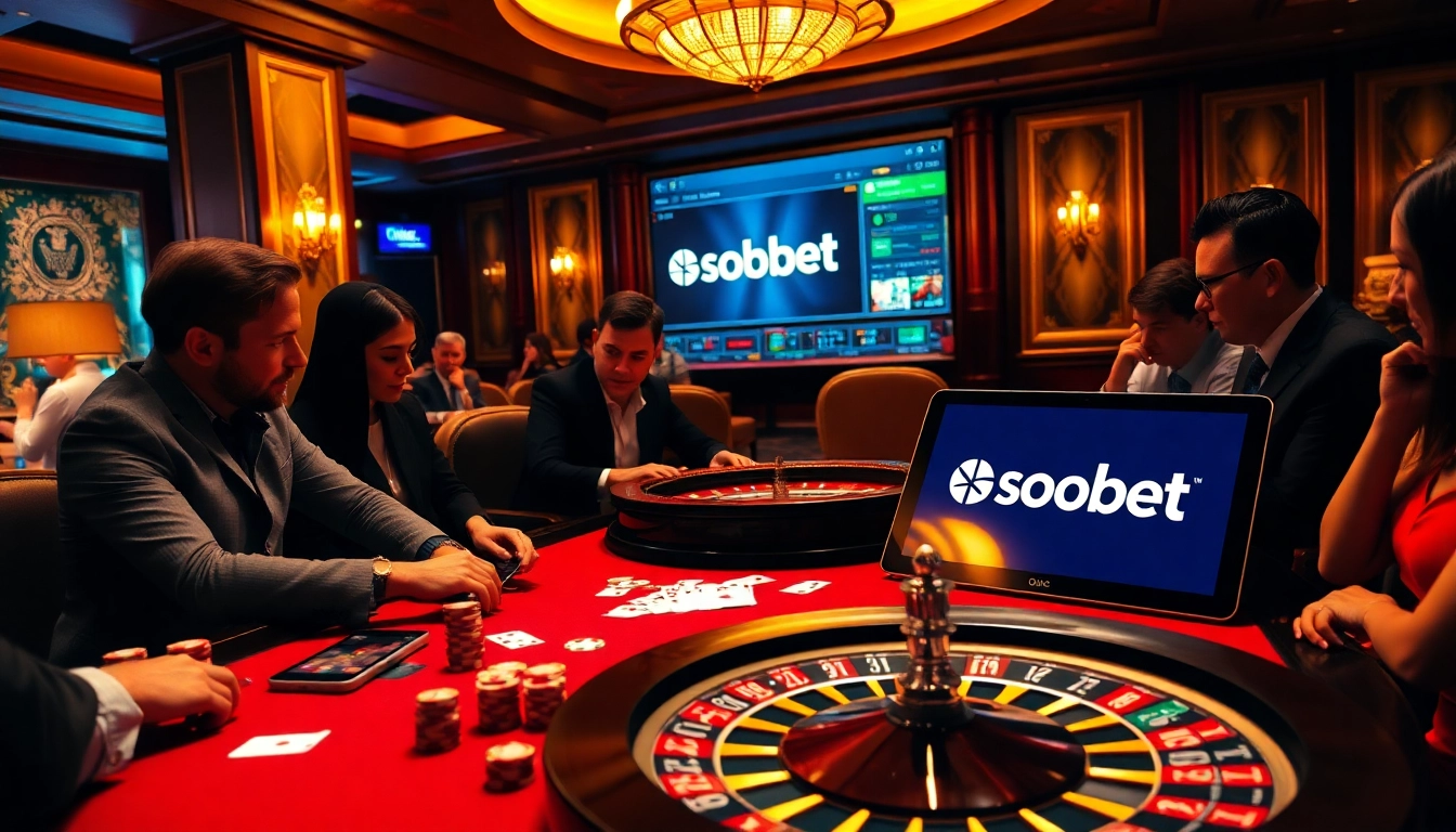 SboBet players engaging in thrilling betting at a luxurious casino table.