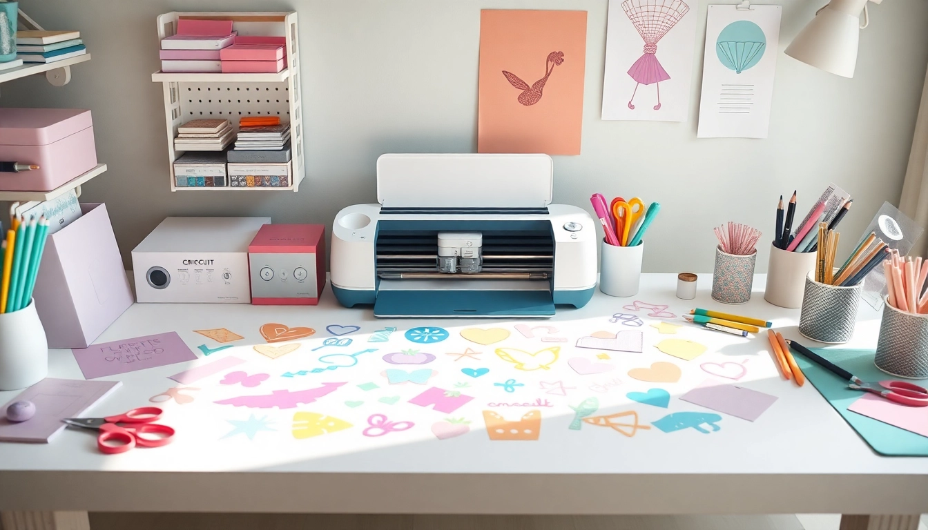 Cricut SVG files displayed on a bright crafting table with tools and a Cricut machine, inspiring creativity.