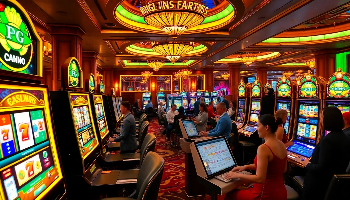 Experience the excitement of pg slot demo with players engaging at luxurious casino slot machines.